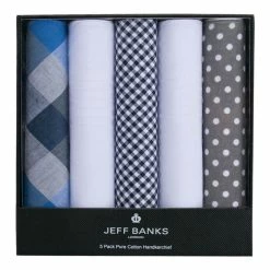 Jeff Banks 5 Pack Pure Cotton Hankerchief Black & Blue Grey